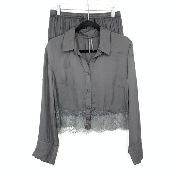 Anthropologie Other - By Anthropologie Satin + Lace Pajama Set Cropped Top W/Shorts Gray Size Medium